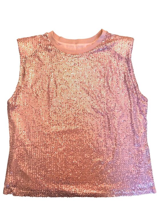 None Tops - Lined Pink Sequin Sleeveless Top With Shoulder Pads XL Shimmer Party Wear